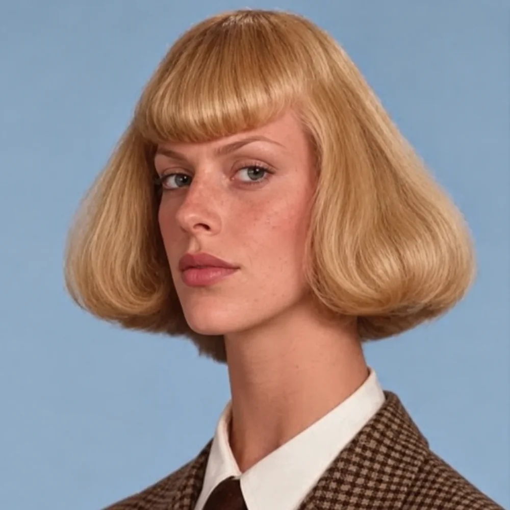 Jeanphilina: a woman with a blonde bowl-cut bob, tweed jacket and tie, giving the camera a cool sideways look